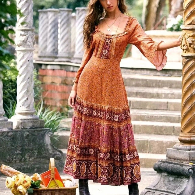 Crinkle Foiled Floral Maxi Dress Gypsy Maxi Dress Floral Orange And Burgundy Or Blue And Blush You Choose Bohemian Ruffles Flare Sleeves Tie Waist Peasant Blouse Gown Available In Sizes XS Small Medium Or Large