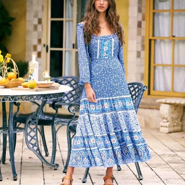 Gypsy Maxi Dress Floral Orange And Burgundy Or Blue And Blush You Choose Bohemian Ruffles Flare Sleeves Tie Waist Peasant Blouse Gown Available In Sizes XS Small Medium Or Large Floral Print Ruffle Maxi Dress