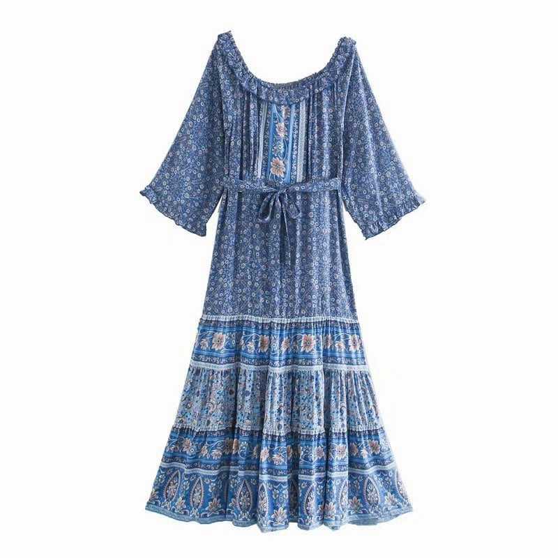 Gypsy Maxi Dress Floral Orange And Burgundy Or Blue And Blush You Choose Bohemian Ruffles Flare Sleeves Tie Waist Peasant Blouse Gown Available In Sizes XS Small Medium Or Large Look Into The Sun Maxi Dress