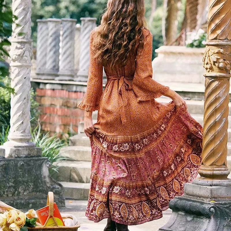 Lavender Maxi Dress Gypsy Maxi Dress Floral Orange And Burgundy Or Blue And Blush You Choose Bohemian Ruffles Flare Sleeves Tie Waist Peasant Blouse Gown Available In Sizes XS Small Medium Or Large