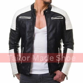 Handmade Men's Black and White Slim Fit Biker Jacket, Men Leather Jackets Good Running Jackets For Winter