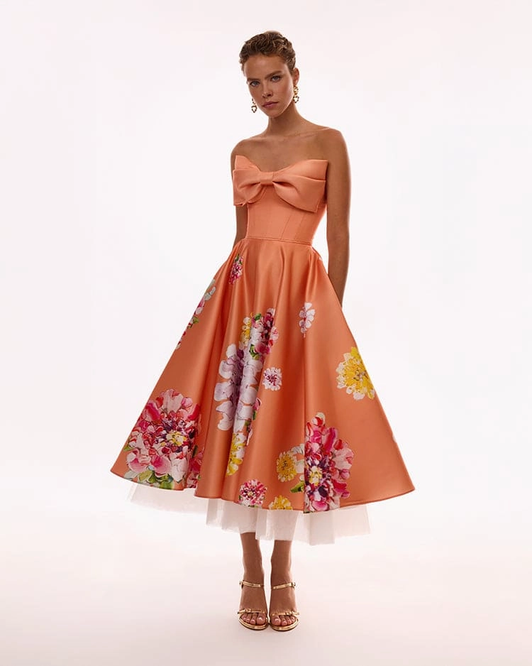 Playful orange floral midi dress with bow, Glow-Up Dress Impress Futuristic Elegance