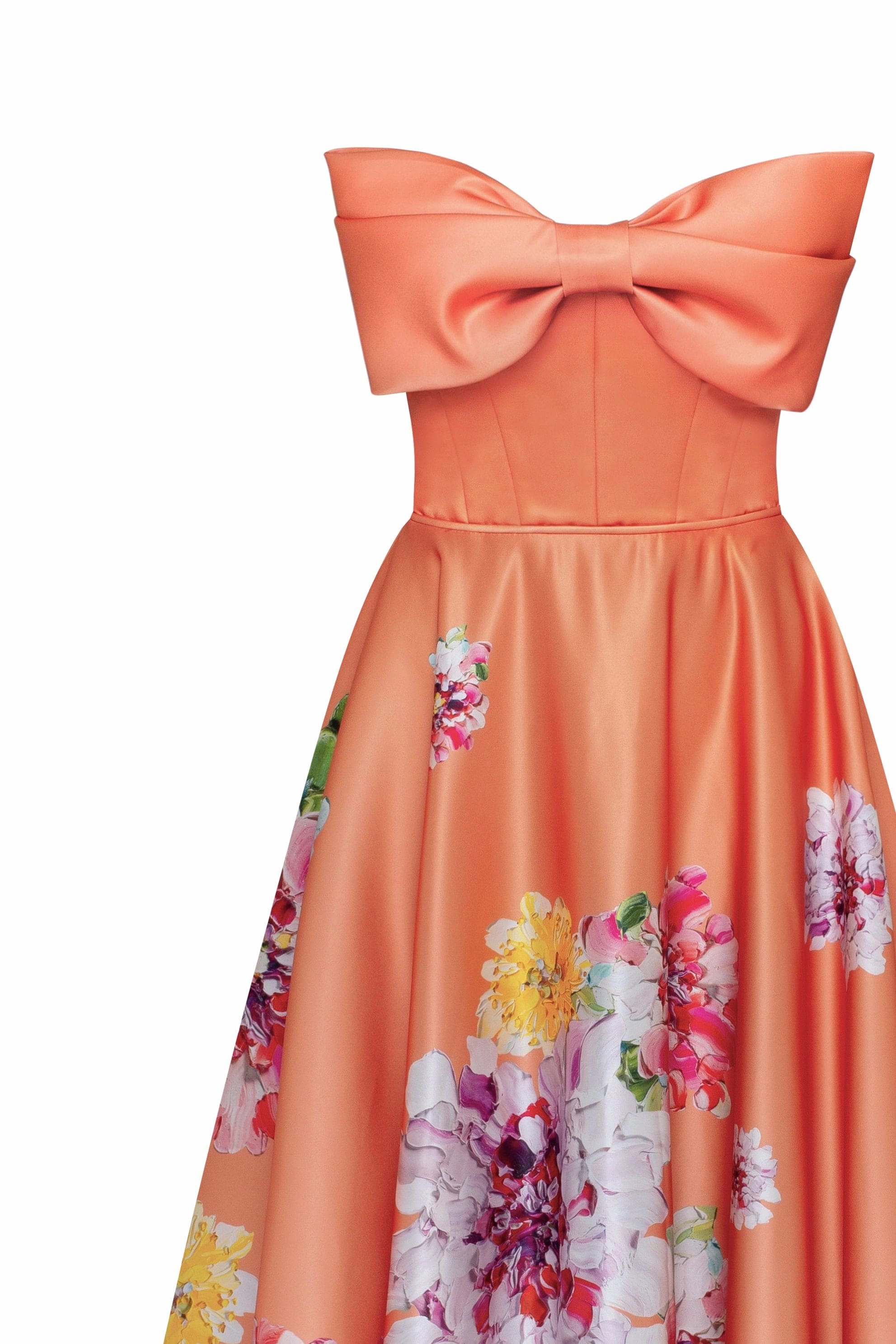 Playful orange floral midi dress with bow, Glow-Up Dress Finder
