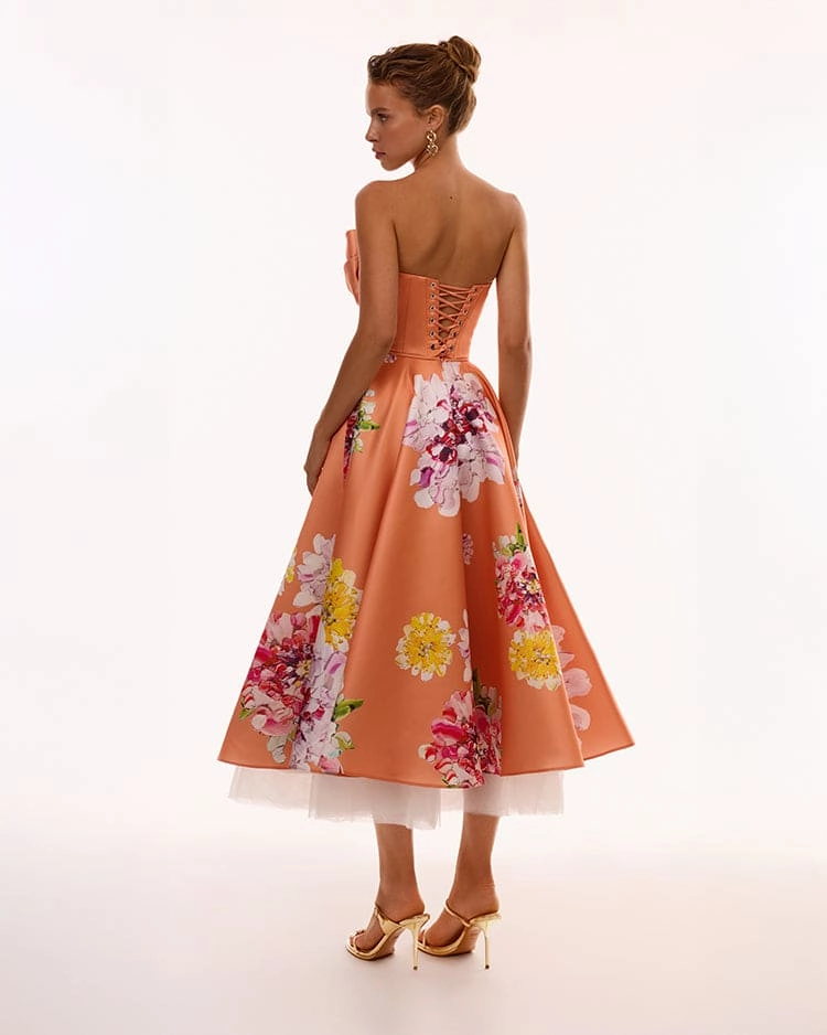 Bridal Dress Ideas Playful orange floral midi dress with bow, Glow-Up