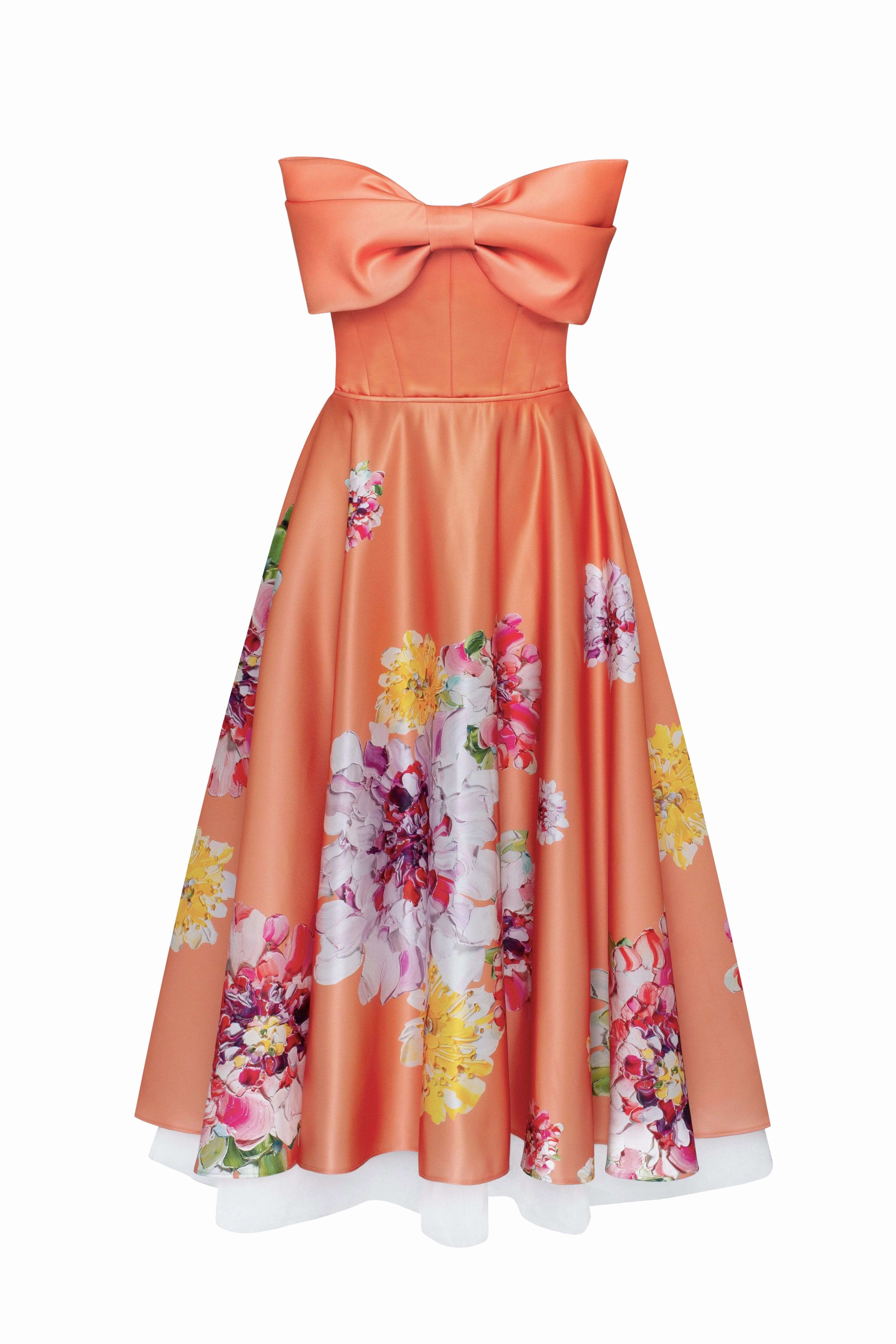 Playful orange floral midi dress with bow, Glow-Up Maternity Dress Sale