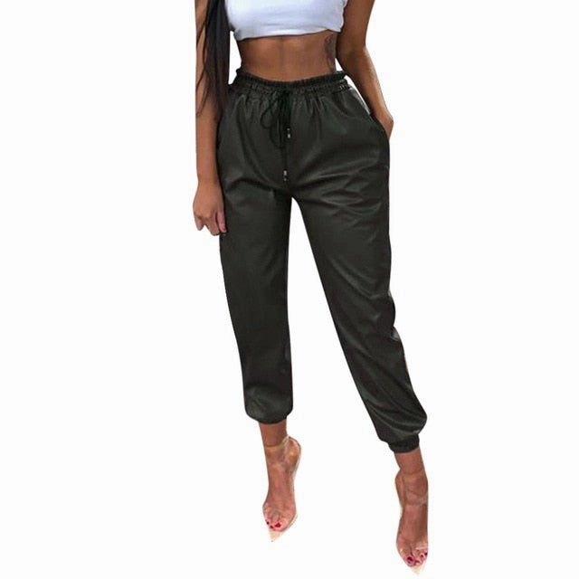 Mnml Corduroy Cargo Pants PU Faux Leather Pants Women High Waist Elastic Lace Up Slim Bottoms Pants Ladies Sexy Club Trousers Women Pants Pantalon Femme