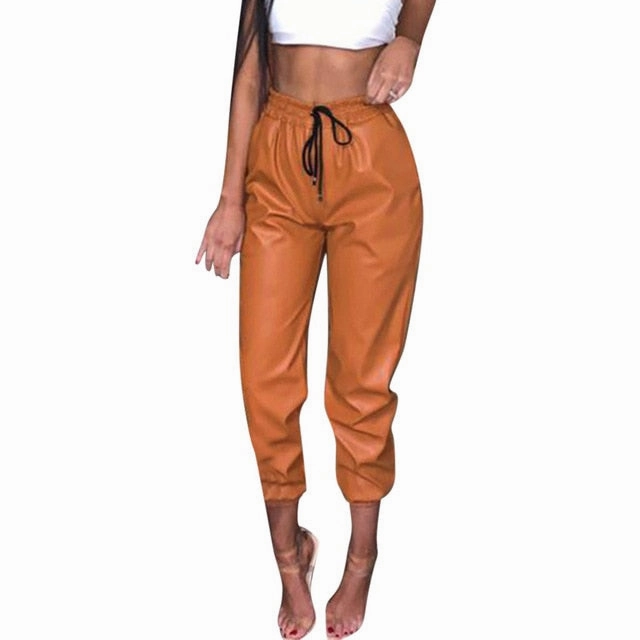 Size 50 Cargo Pants PU Faux Leather Pants Women High Waist Elastic Lace Up Slim Bottoms Pants Ladies Sexy Club Trousers Women Pants Pantalon Femme