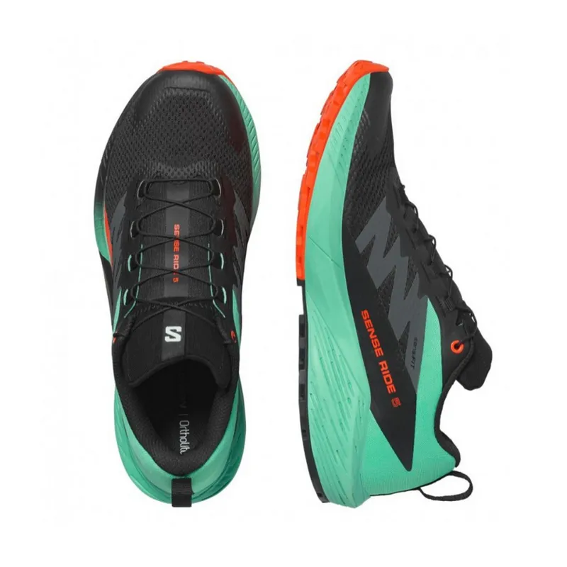 Best Waterproof Trail Running Shoes Uk SALOMON - Sense Ride 5 - Black Bay/Cherry Tomato - Men's [476982]