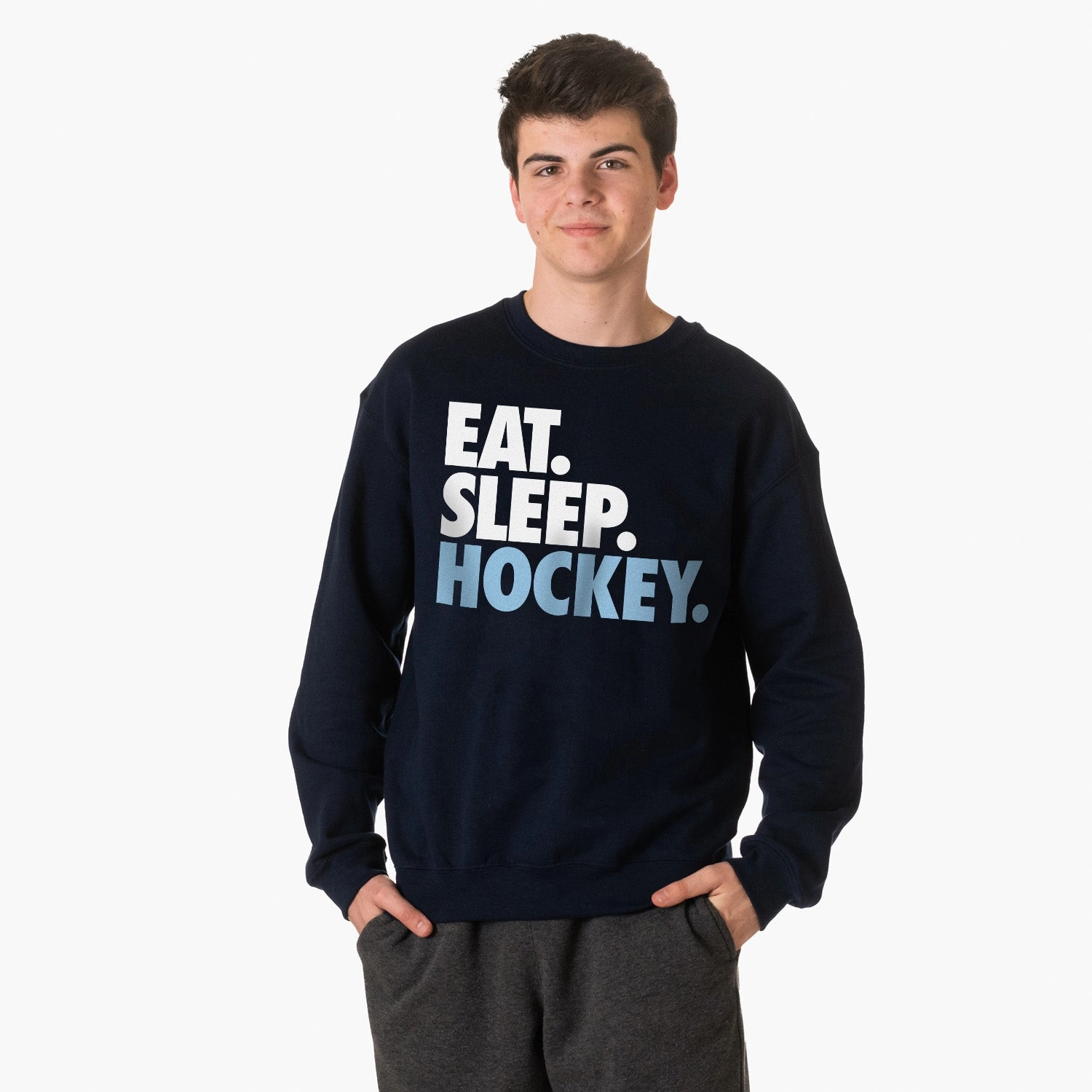 Aesthetic Embroidered Sweatshirts Hockey Crewneck Sweatshirt - Eat Sleep Hockey (Bold)
