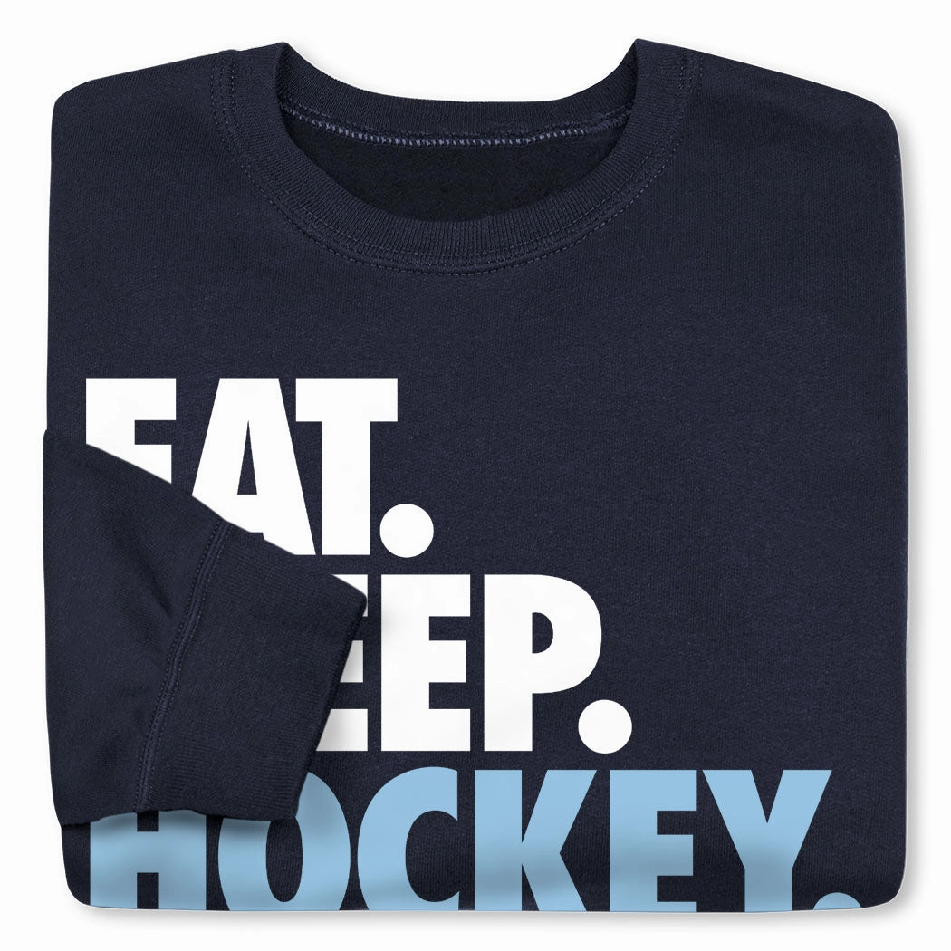 Thrift Store Sweatshirts Hockey Crewneck Sweatshirt - Eat Sleep Hockey (Bold)