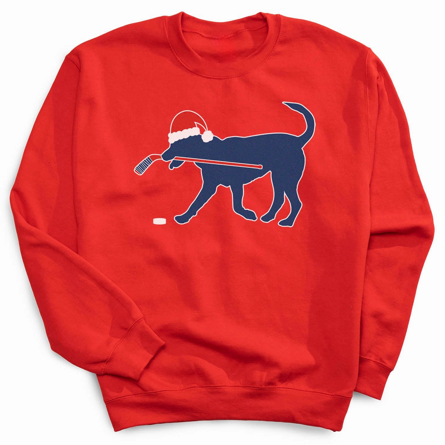 Hockey Crewneck Sweatshirt - Santa Hockey Dog Christmas Embroidered Sweatshirts