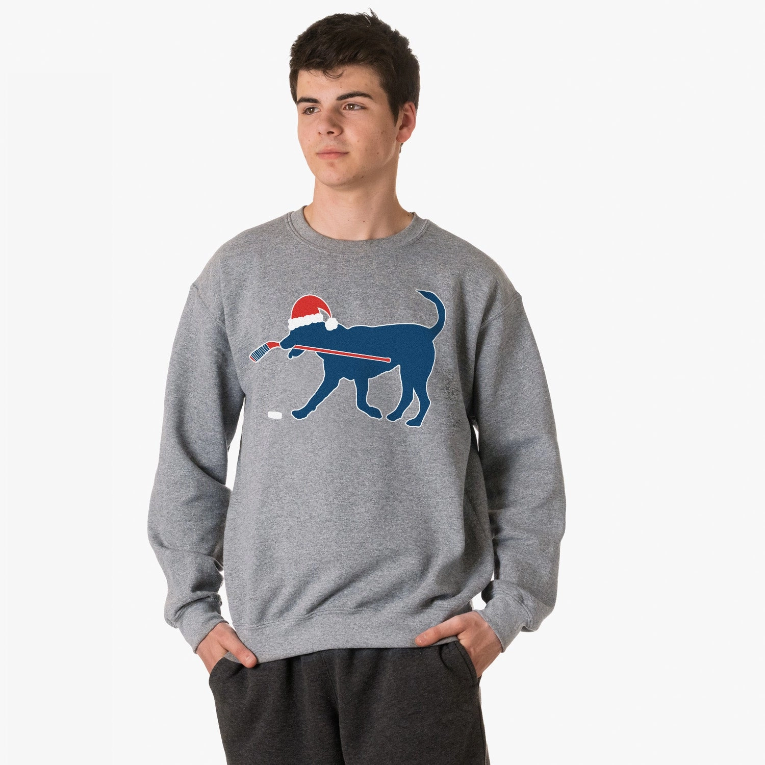 State Football Sweatshirts Hockey Crewneck Sweatshirt - Santa Hockey Dog