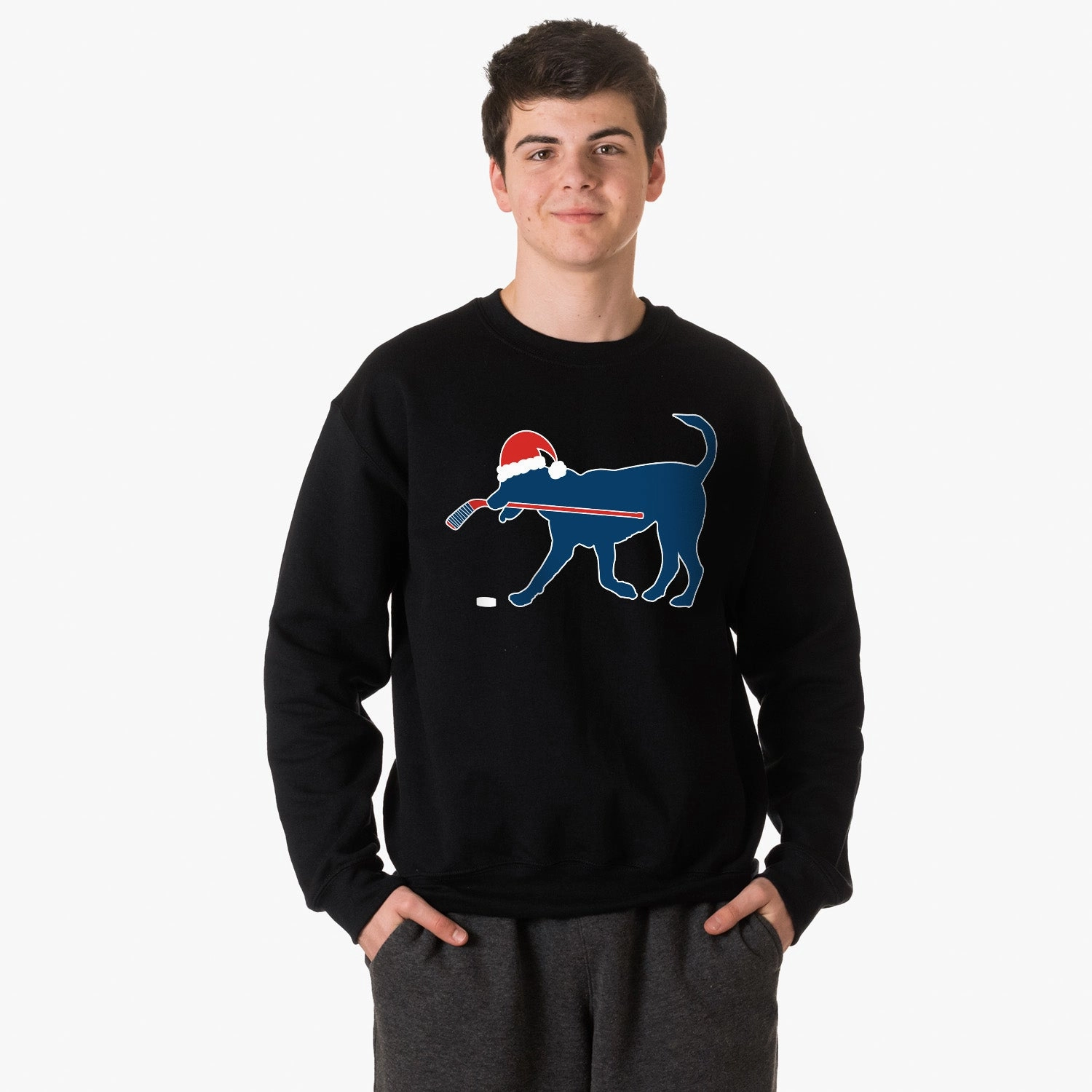 Nerd Sweatshirts Hockey Crewneck Sweatshirt - Santa Hockey Dog