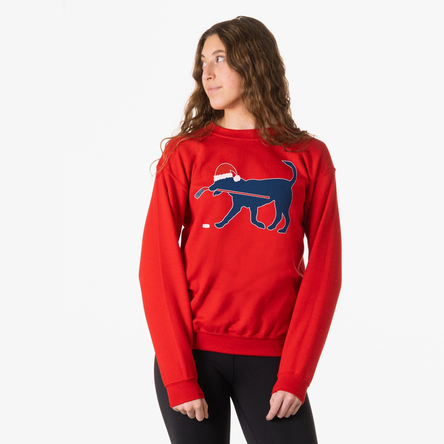 Breast Cancer Sweatshirts Hockey Crewneck Sweatshirt - Santa Hockey Dog