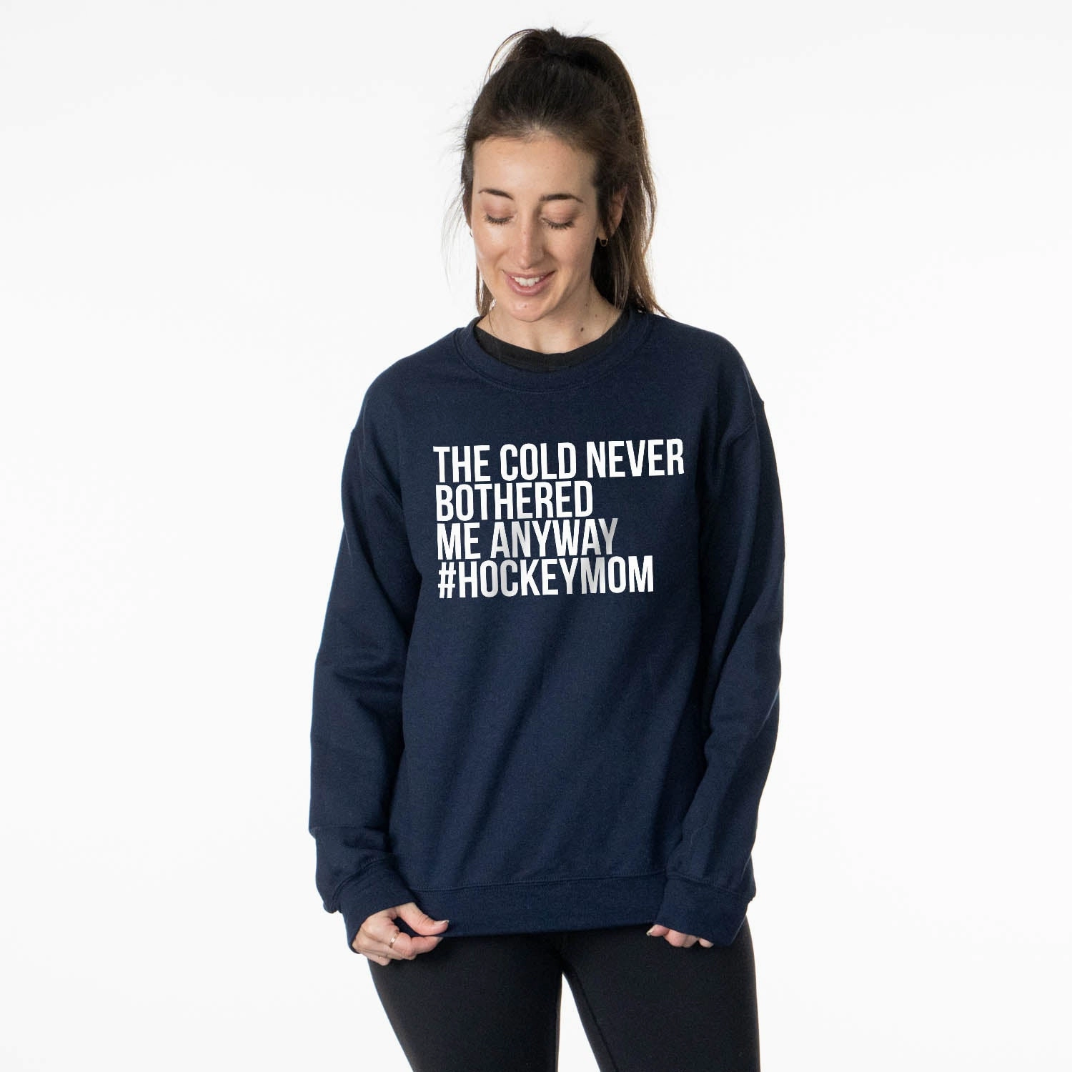 Personalised Embroidered Sweatshirts Hockey Crewneck Sweatshirt - The Cold Never Bothered Me Anyway #HockeyMom