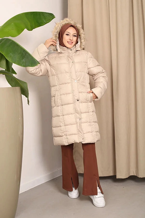 Coats With Hooded Imajbutik Womem's Beige Hooded Puffer Coat