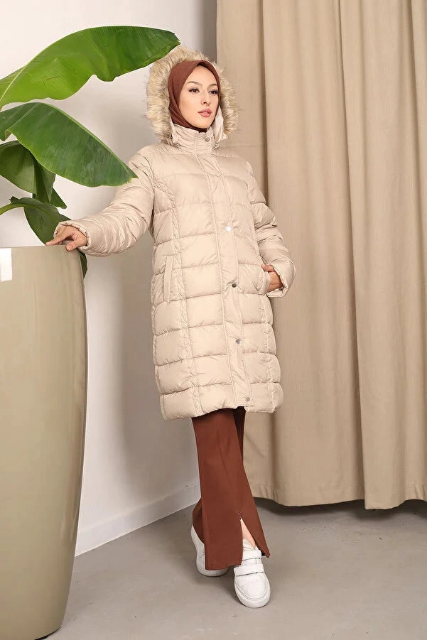 Best Knee Length Winter Coats Imajbutik Womem's Beige Hooded Puffer Coat