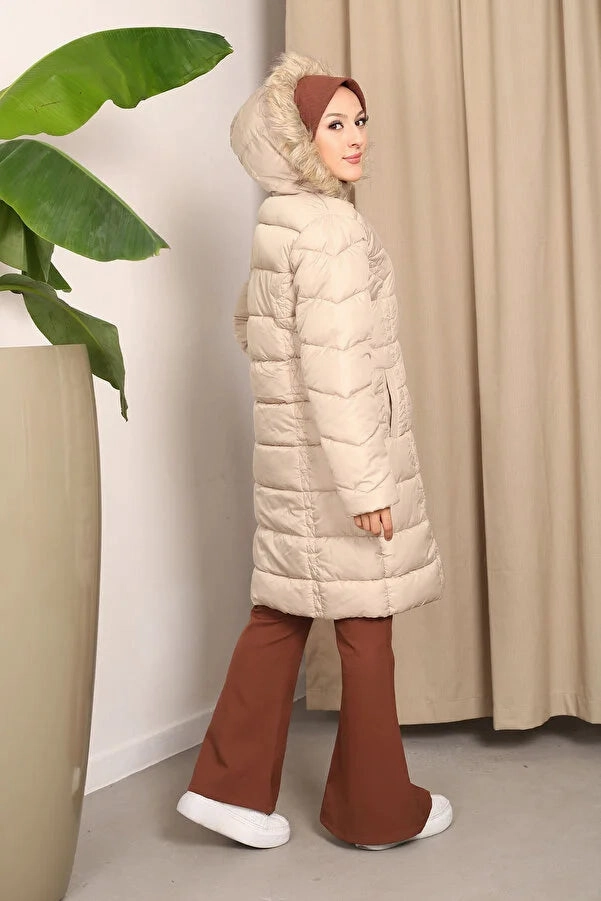 Imajbutik Womem's Beige Hooded Puffer Coat Sell Fur Coats