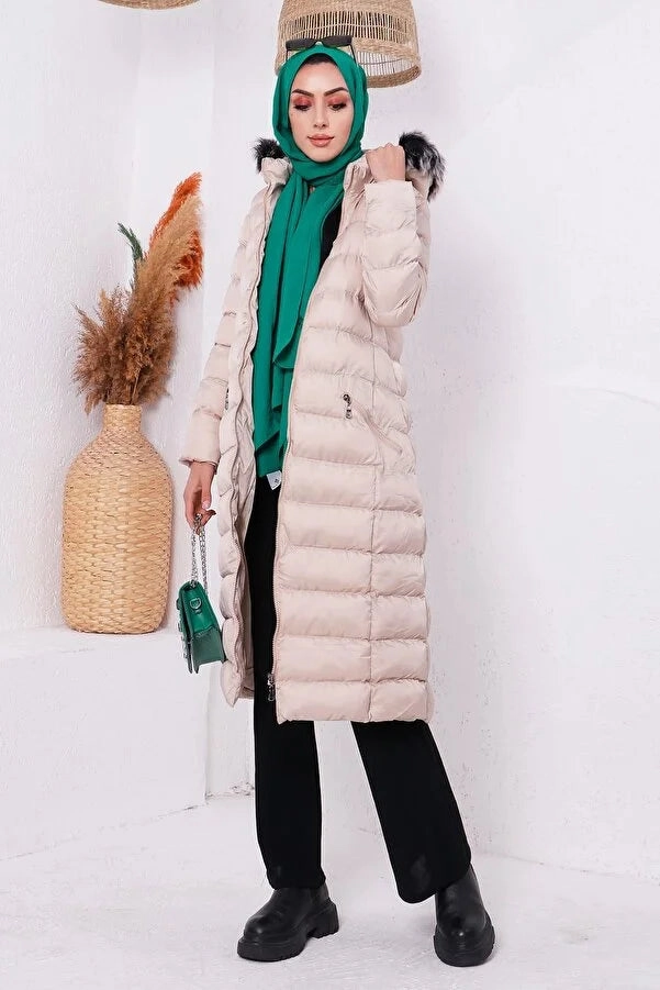 Imajbutik Women's Beige Modest Hooded Zippered Hijab Puffer Coat Faux Fur Hoods