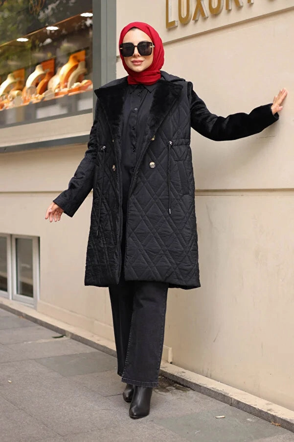 Imajbutik Women's Black Double Breasted Collar Quilted Coat Lab Coats For Schools