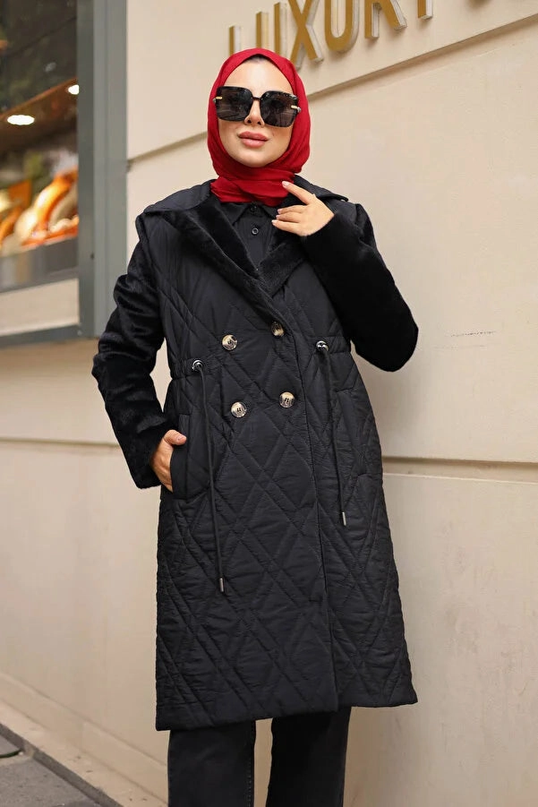 Imajbutik Women's Black Double Breasted Collar Quilted Coat Classy Coats