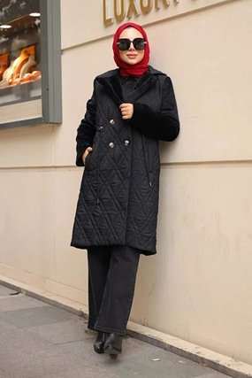 Imajbutik Women's Black Double Breasted Collar Quilted Coat Shearling Leather Coats