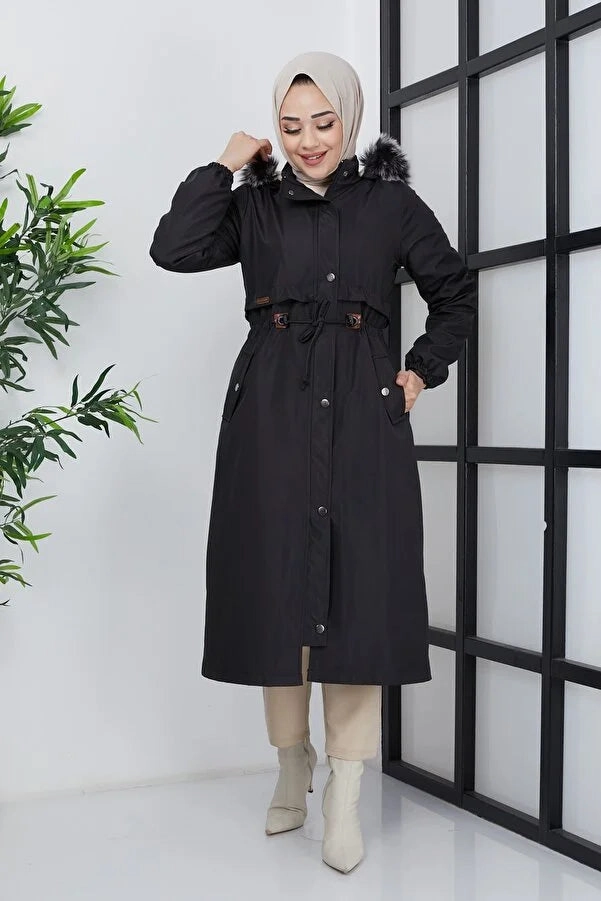 Church Coats Imajbutik Women's Black Modest Hooded Fur Lined Drawstring Bondik Hijab Coat