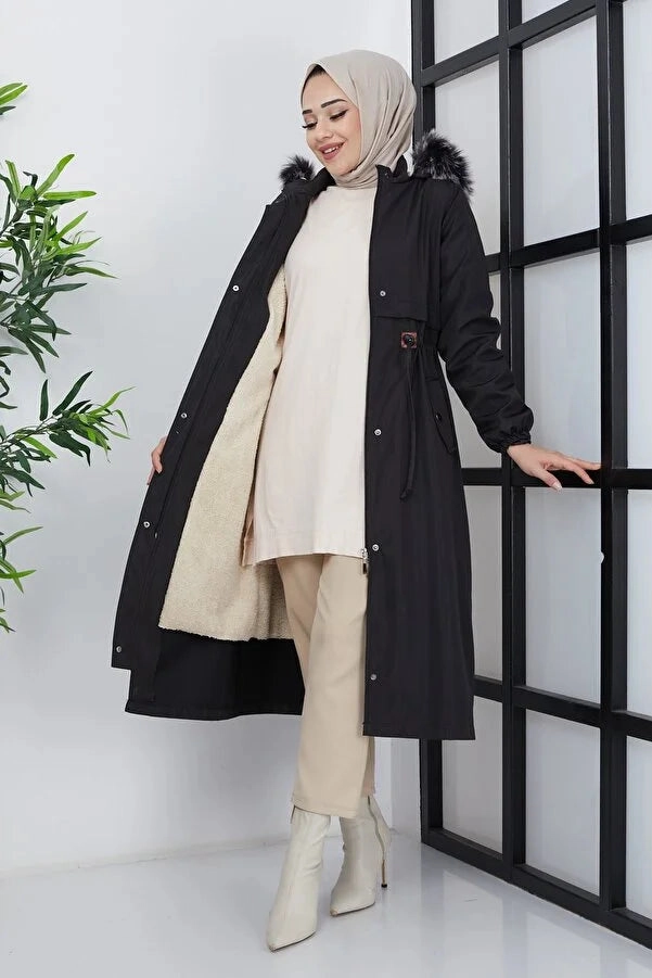 Imajbutik Women's Black Modest Hooded Fur Lined Drawstring Bondik Hijab Coat Akira Coats