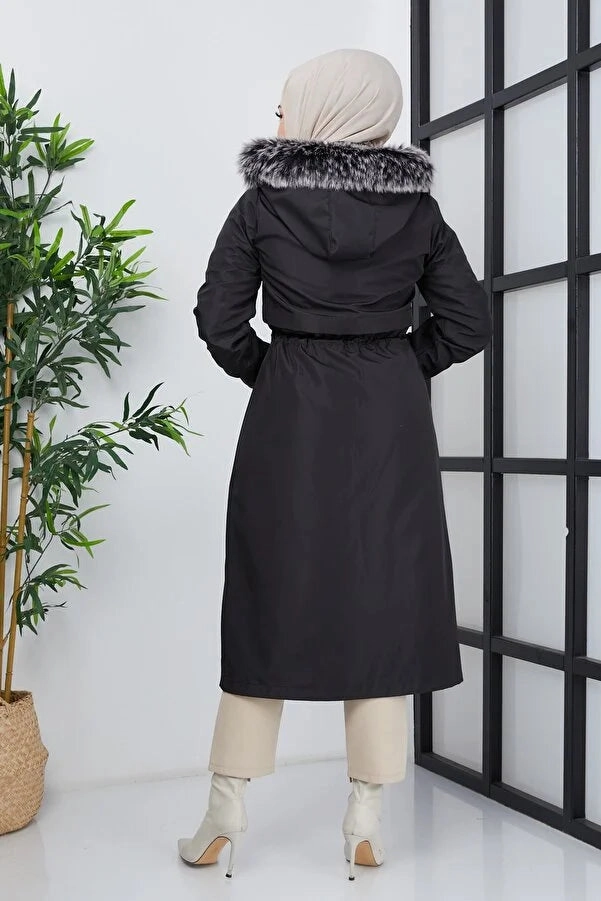 Without Hood Imajbutik Women's Black Modest Hooded Fur Lined Drawstring Bondik Hijab Coat