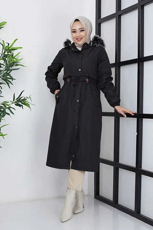 Coats And Jackets For Sale Imajbutik Women's Black Modest Hooded Fur Lined Drawstring Bondik Hijab Coat