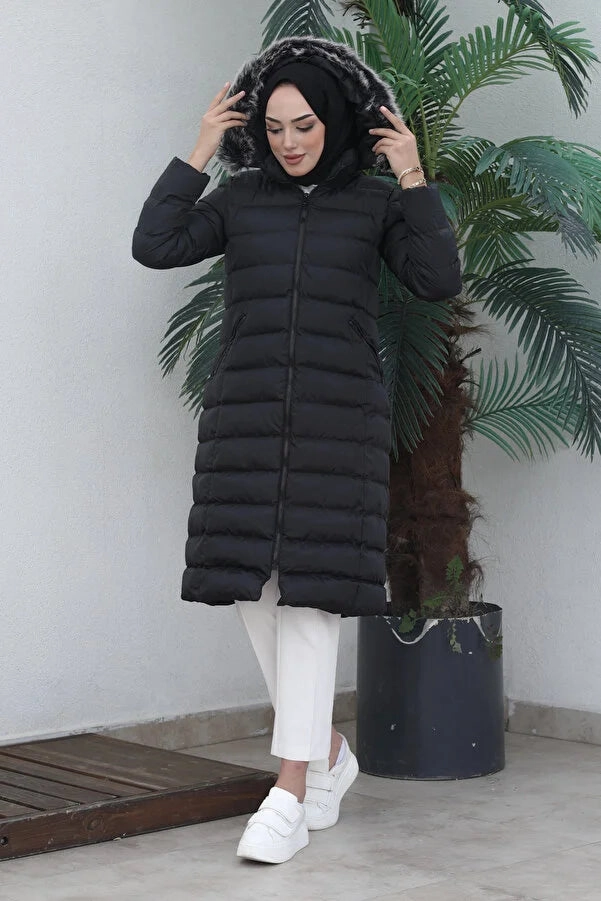 Imajbutik Women's Black Modest Hooded Zippered Hijab Puffer Coat Petite Plus Size Coats