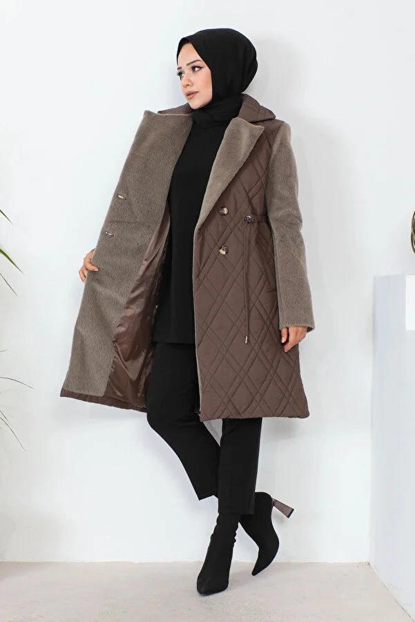 Imajbutik Women's Brown Double Breasted Collar Quilted Coat Wool Coats With Hoods