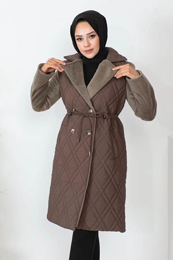 Hooded Wrap Coats Imajbutik Women's Brown Double Breasted Collar Quilted Coat