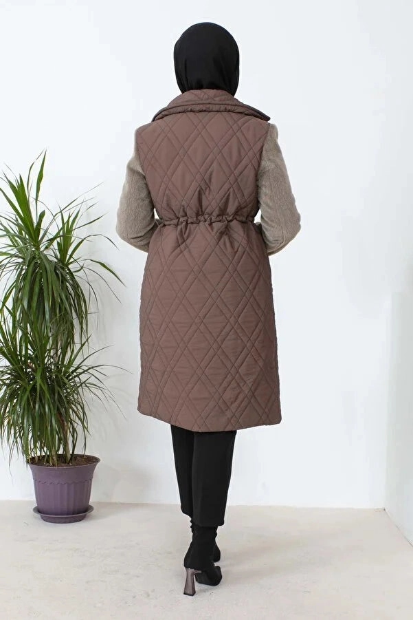 Faux Fur Hood Coats Imajbutik Women's Brown Double Breasted Collar Quilted Coat