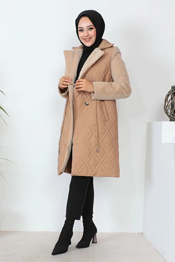 Primark Coats Imajbutik Women's Camel Double Breasted Collar Quilted Coat