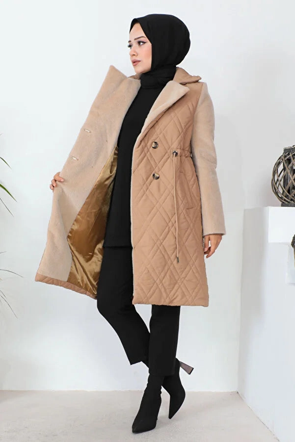 Imajbutik Women's Camel Double Breasted Collar Quilted Coat Lab Coats On Sale