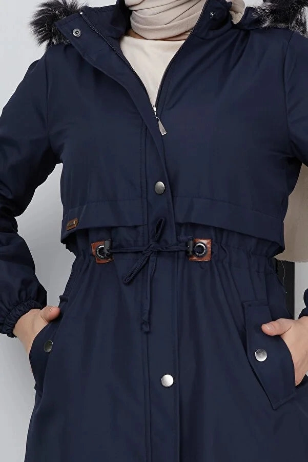 Imajbutik Women's Navy Blue Modest Hooded Fur Lined Drawstring Bondik Hijab Coat Best Heated Coats