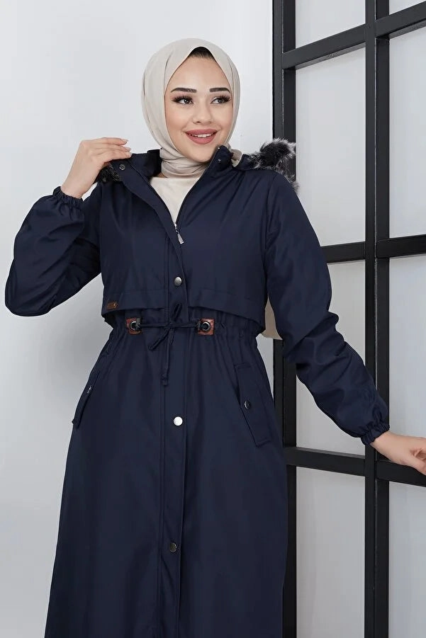 Imajbutik Women's Navy Blue Modest Hooded Fur Lined Drawstring Bondik Hijab Coat Ebay Vintage Coats