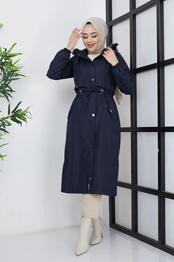 Imajbutik Women's Navy Blue Modest Hooded Fur Lined Drawstring Bondik Hijab Coat Coats Matching Dress