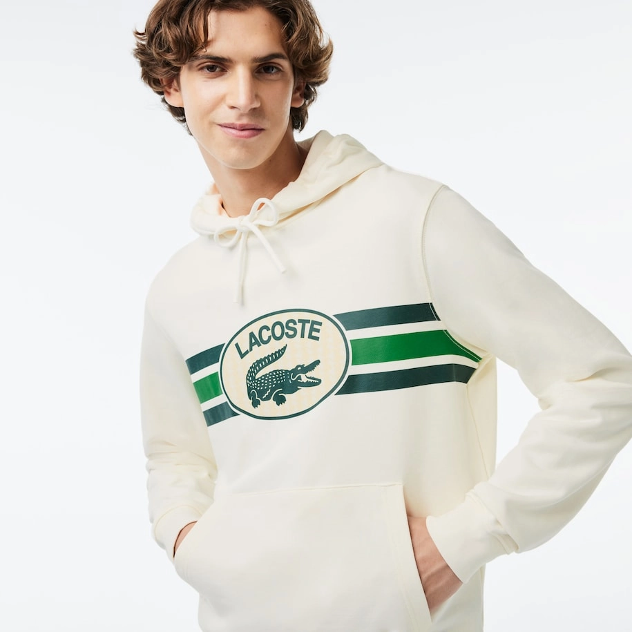 Lacoste Men's Loose Fit Front Graphic Long Sleeve Hoodie Band Graphic Sweatshirts