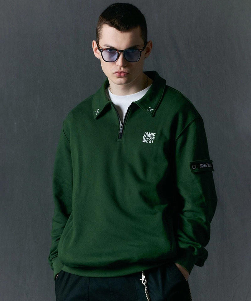 Jamie West Collar Patch Half Zip-up Sweatshirts - Green Construction Safety Sweatshirts