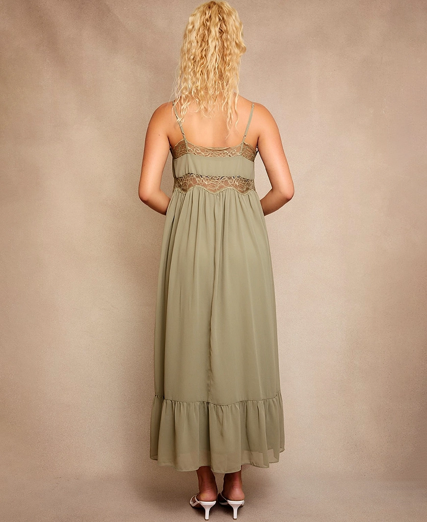 Jeanne Lace Trim Maxi  Olive Forever Unique Tiered Maxi Dress