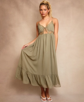 Jeanne Lace Trim Maxi  Olive Sheer Embroidered Maxi Dress