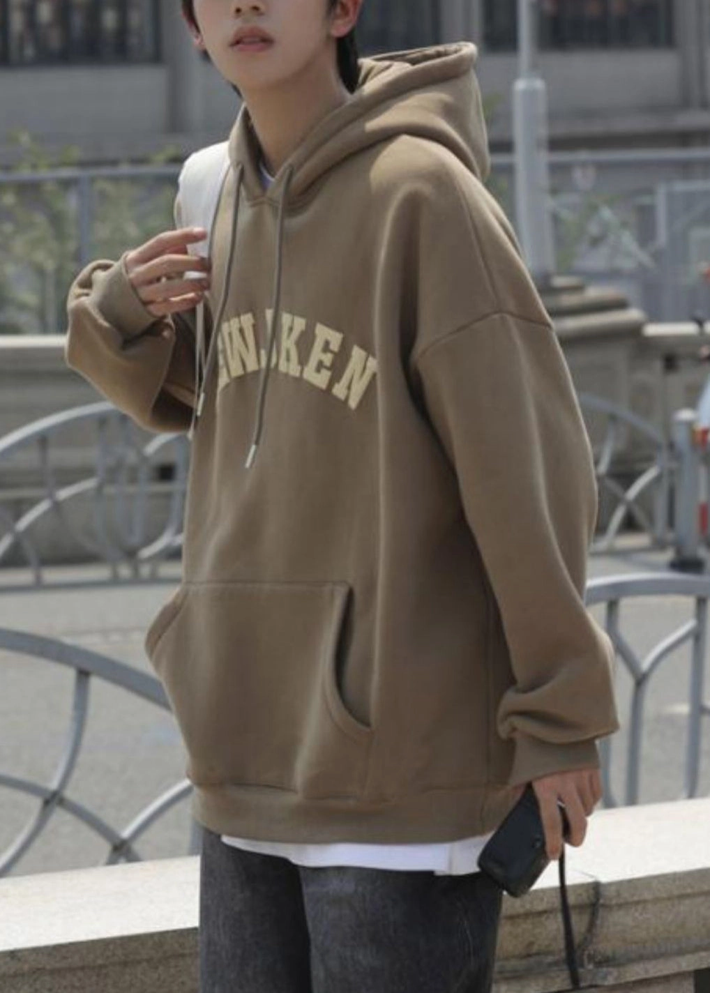 Khaki Letter Pockets Cotton Men Sweatshirts Hooded Spring YQ032