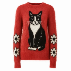 Hunting Knitwear Women's red cat flower jacquard knitwear