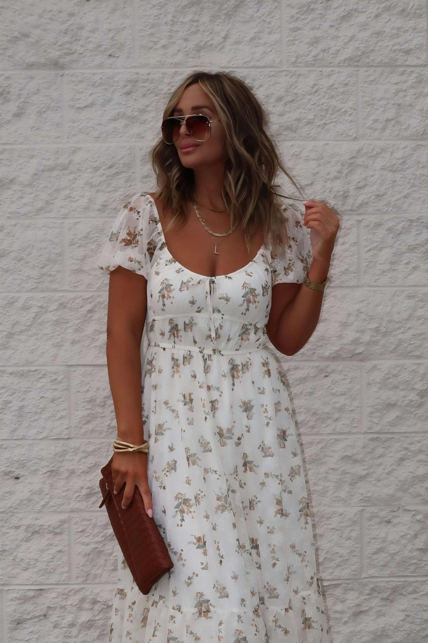 Midi Dress Street Lauri Cream Floral Print Sweetheart Midi Dress