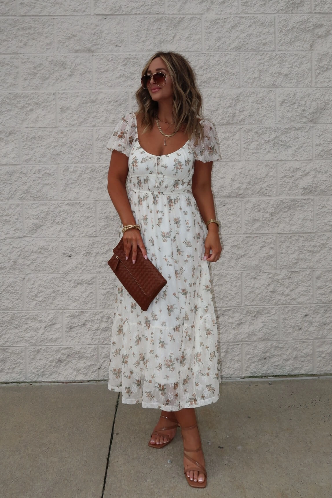 Lauri Cream Floral Print Sweetheart Midi Dress Beach Cover Up Midi Dress