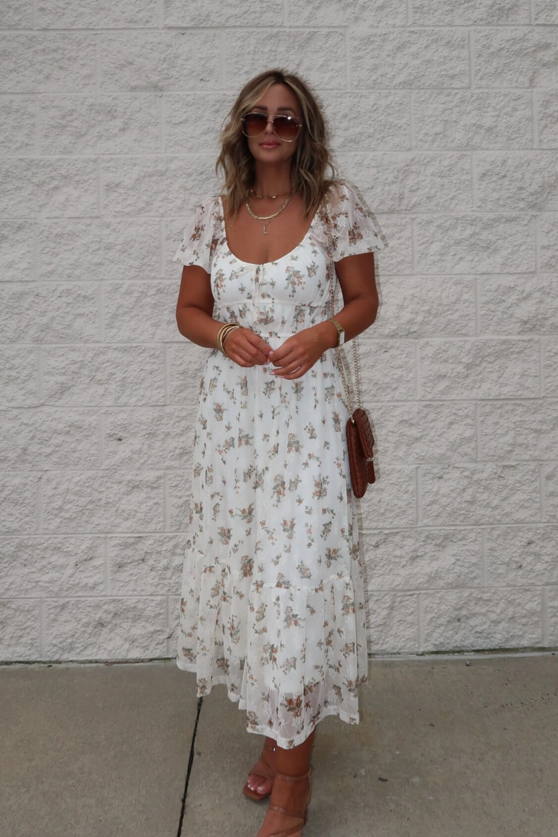 Lauri Cream Floral Print Sweetheart Midi Dress Midi Dress Clearance