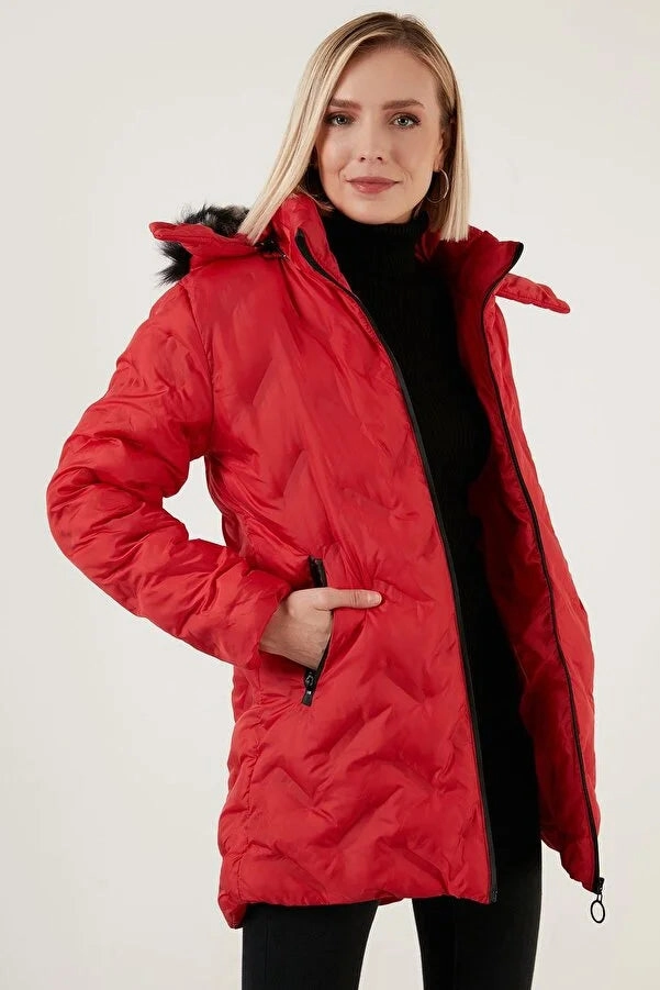 Lela Women's Slim Fit Faux Fur Collar Removable Hooded Long Coat In Style Winter Coats 2024