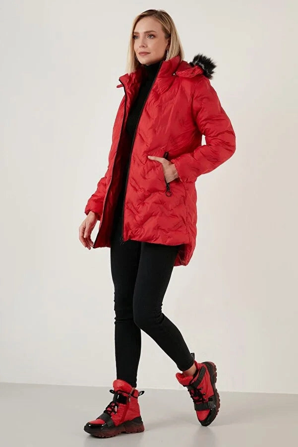 Labradoodle Coats Lela Women's Slim Fit Faux Fur Collar Removable Hooded Long Coat